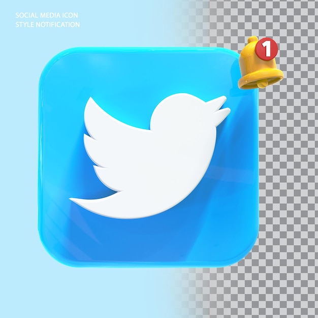 Icône de Twitter de médias sociaux avec notification de cloche 3d