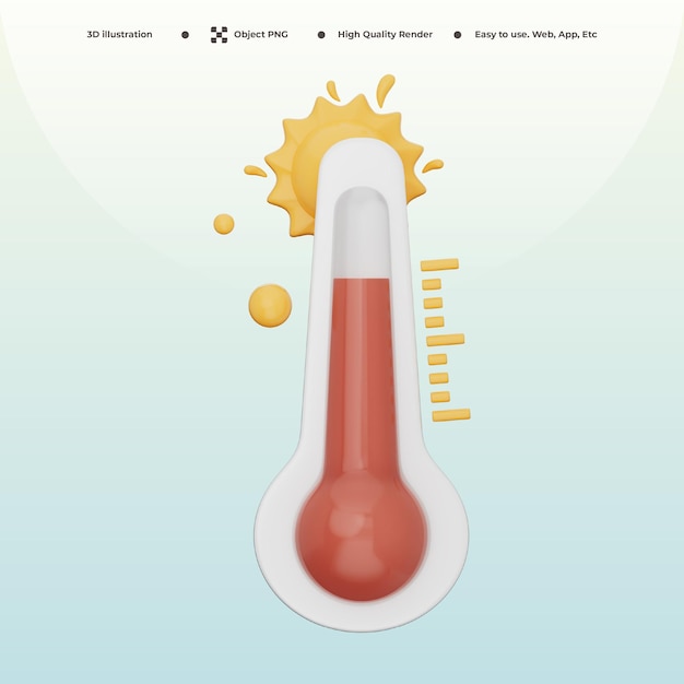 Ícone vermelho de termômetro 3D mostrando calor extremo aquecimento global tempo quente e aumento da temperatura