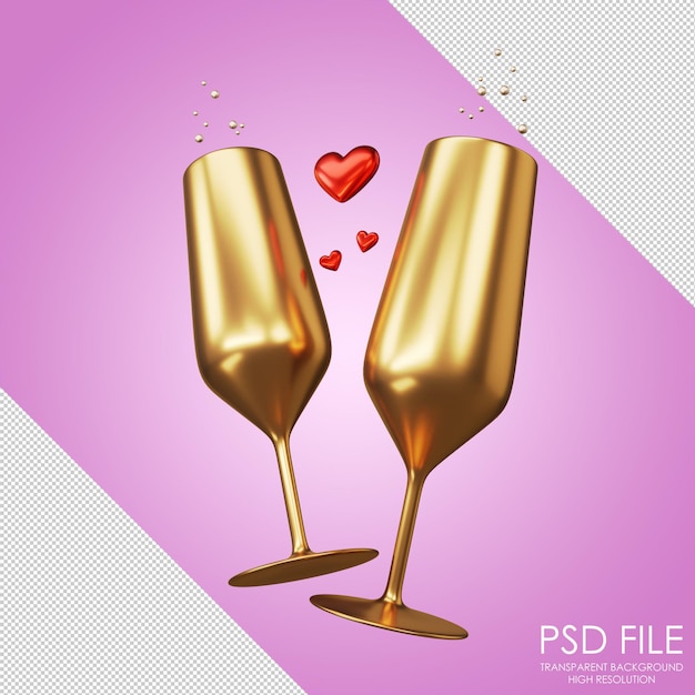 Icône de verres de champagne Verres à vin or avec inscription amour Deux verres de champagne Saint Valentin Verres dorés Mariage Amour Coeur Rendu 3d Illustration 3d