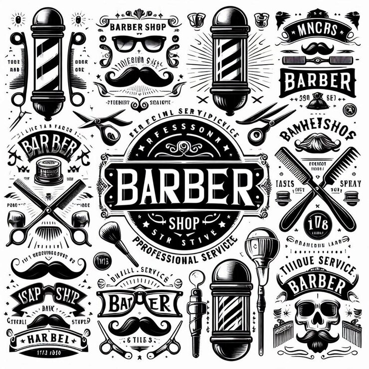 PSD ícone vetorial de barbearia um conjunto de ferramentas de barbeária vintage com uma coleção clássica de barbeiros monocromáticos