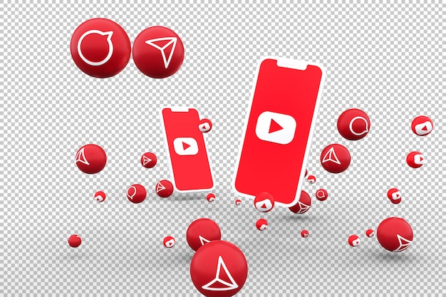 Icône Youtube sur écran smartphone et réactions youtube amour rendu 3d emoji