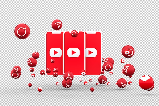 PSD icône youtube sur smartphone à l'écran et réactions youtube aiment emoji rendu 3d sur fond transparent