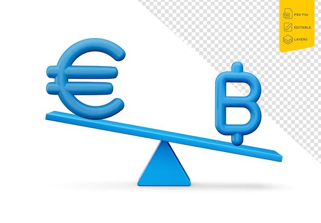 PSD icones bleues de l'euro et du baht avec une illustration 3d de balançoire bleue