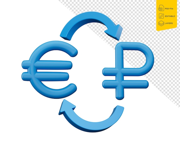 PSD icones bleues de l'euro et du rouble avec des flèches de change sur fond blanc