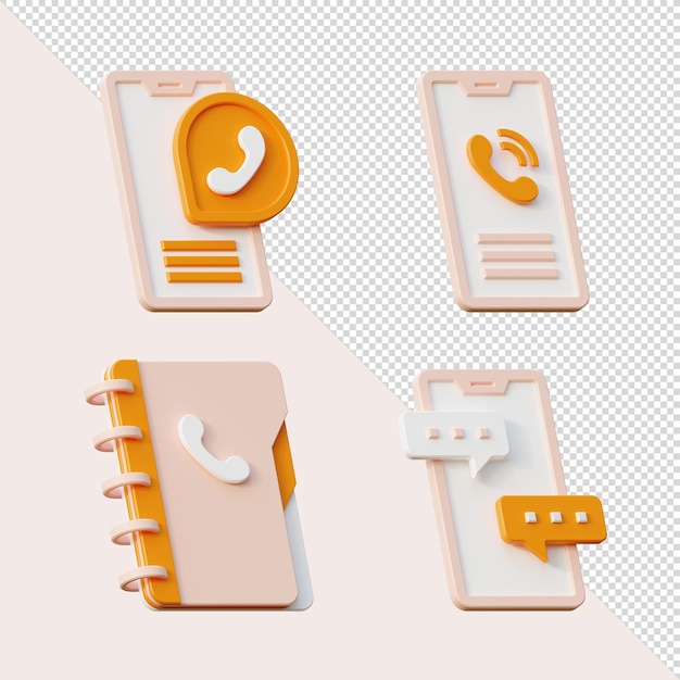 Icônes De Communication De Rendu 3d Définir Le Thème De Couleur Orange Beige Blanc Contacts De Smartphone Bulles De Discours