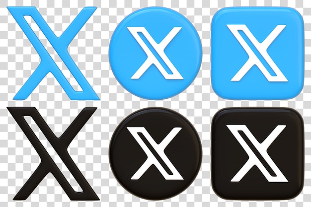 Ícones de aplicativos X azuis e pretos Ilustração de renderização 3D do Twitter