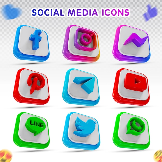 PSD Ícones de mídia social 3d definir logotipo com facebook, instagram, twitter, tiktok, logotipos do youtube