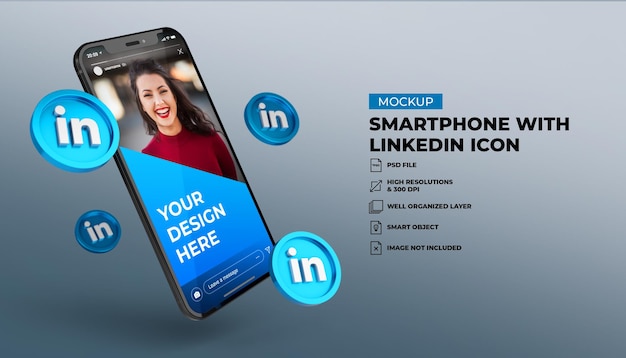 Ícones de mídia social 3d linkedin com maquete de tela do celular para smartphone
