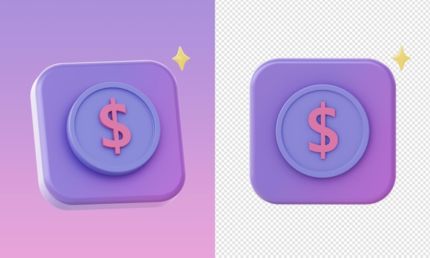 ícones de moeda e dinheiro roxos 3d simples para aplicativos móveis da web UI UX designs de anúncios de mídia social
