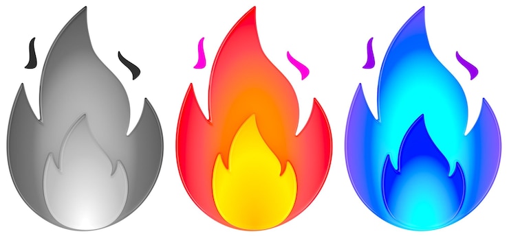 PSD icones de set de chamas de fogo cores laranja e azul pretas renderização 3d isolada em fundo transparente