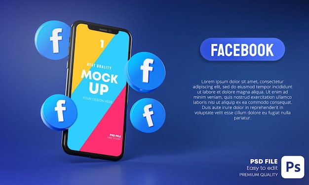 Ícones do facebook em torno do aplicativo mockup 3d para smartphone