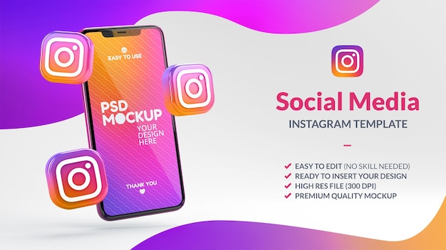 Ícones do instagram e modelo de telefone para modelo de marketing de mídia social em renderização 3d