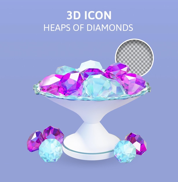 PSD Ícones do tesouro com ilustração de renderização 3d de diamantes de montes