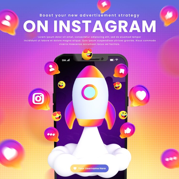PSD ícones e logotipos do instagram em torno do foguete 3d para mídia social e modelo de postagem de rede social