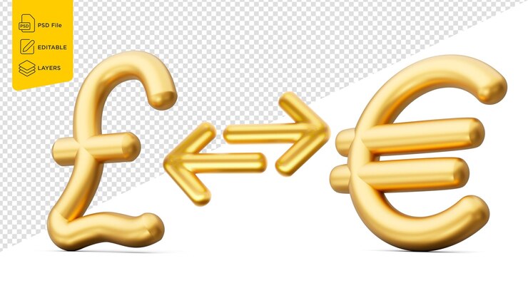 PSD icones de la livre d'or et de l'euro avec des flèches d'échange d'argent sur fond blanc illustration 3d
