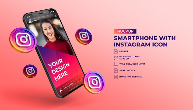Icônes de médias sociaux instagram 3D avec maquette de smartphone à écran mobile