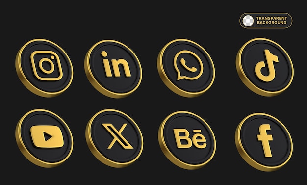 Icones de médias sociaux en or de luxe Render 3D Elegant Paquet de logos de médias sociaux noirs et dorés