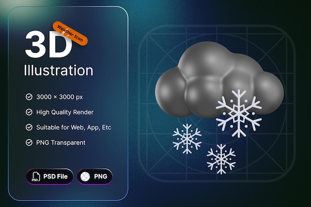 PSD icônes météo de rendu 3d neige nuageuse pour application de conception de prévisions et web