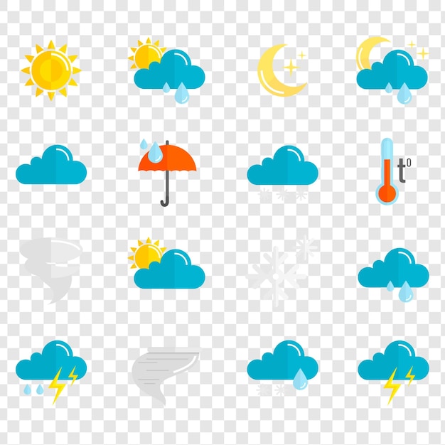 Ícones meteorológicos Flat Set isolados em fundo transparente