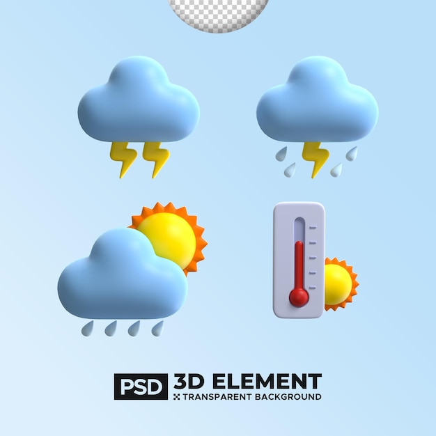 PSD les icônes météorologiques des dessins animés en 3d mettent le soleil, la pluie, les nuages, les éclairs, les orages.