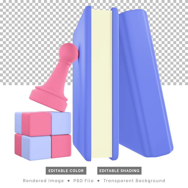 les icônes de passe-temps de rendu 3d incluent des pièces d'échecs de livres et des puzzles de cube