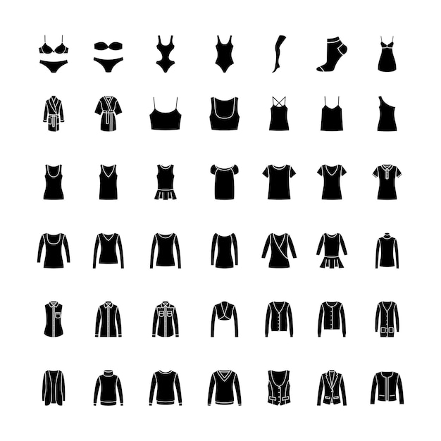 Icones de vêtements à glyphes noirs partie 1 isolée