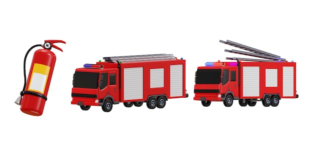 Iconica del camion dei vigili del fuoco con l'icona dell'estintore 3D del concetto di camion di sicurezza antincendio di soccorso