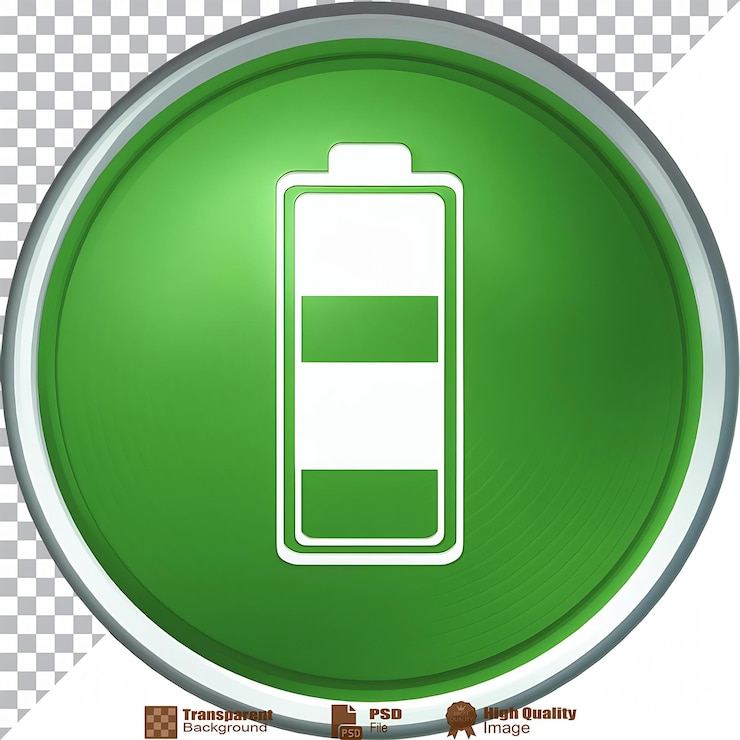 PSD iconica della batteria sul pulsante verde isolata