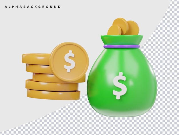 Iconica della borsa di denaro 3d render illustrazione