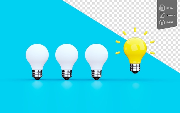 Iconica di lampadina bianca e gialla lucida Simbolo concetto creativo Idea sfondo blu Illustrazione 3d