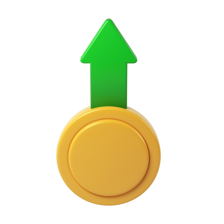 PSD iconica di rendering 3d moneta di criptovaluta d'oro in ascesa con freccia verde verso l'alto