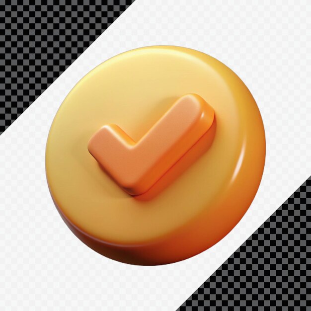 Iconica di spunta arancione renderizzata in 3D su sfondo circolare