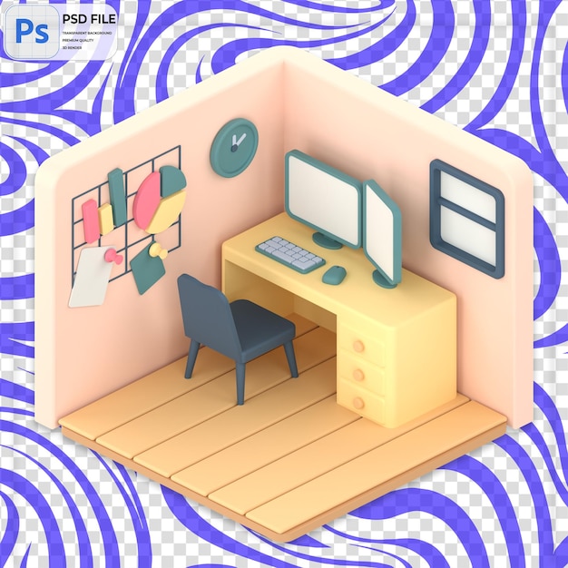Iconica isolata PNG dell'illustrazione del rendering 3D della sala di lavoro