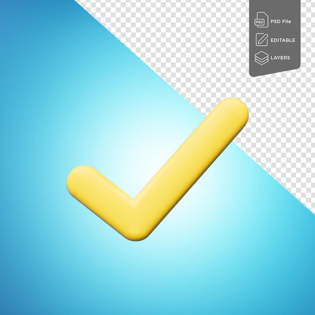 Icônico de marca de verificação amarelo vibrante em fundo azul Ilustração 3D