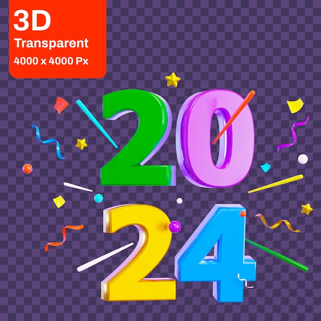 PSD icono 3d aislado con fondo transparente 2024 icono 3d celebración del año nuevo 2024 icono 3d