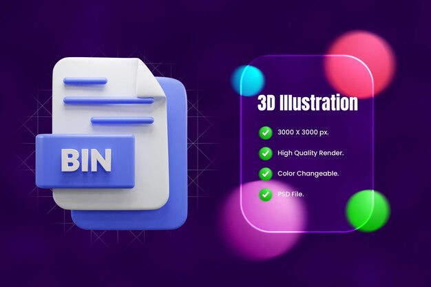 Icono 3d del archivo bin o ilustración del icono 3d del archivo bin