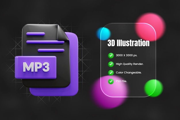 PSD icono 3d del archivo mp3 o ilustración del icono 3d del archivo mp3