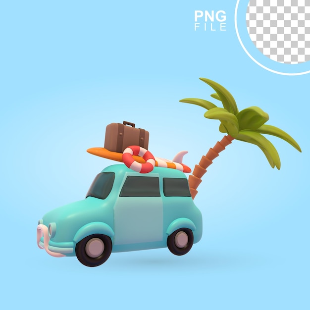 PSD icono 3d de blue car con destino a la playa para unas vacaciones junto al mar