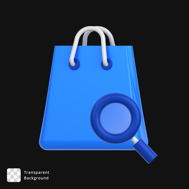 Icono 3D de una bolsa con signo de lupa