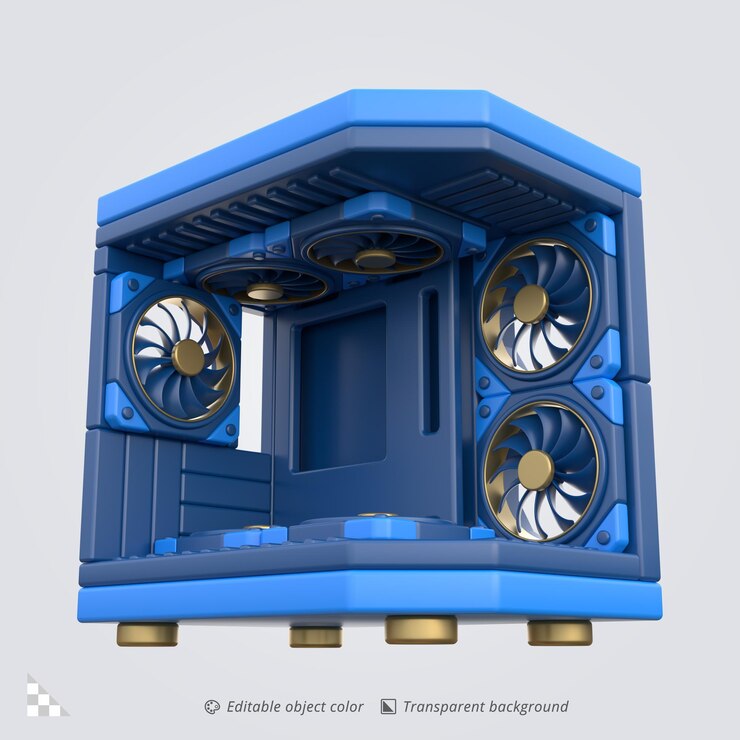 PSD icono 3d de una caja de computadora con ventiladores de refrigeración