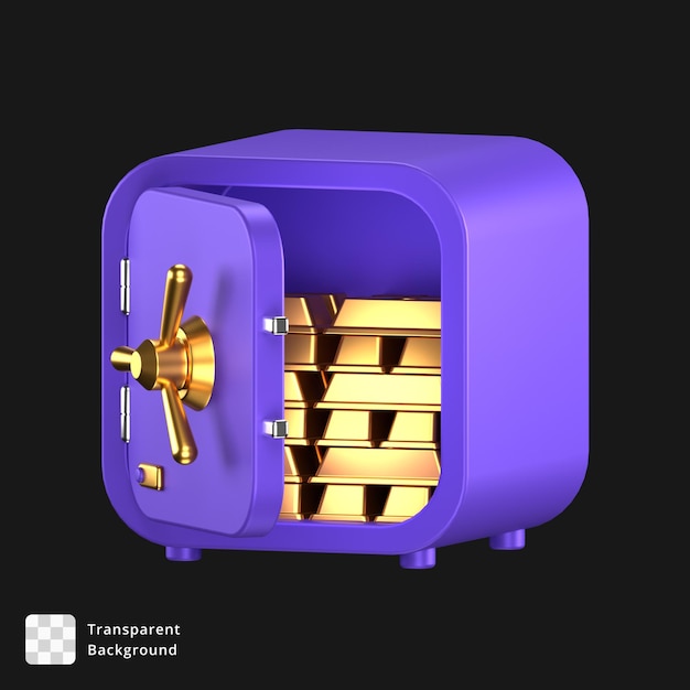PSD icono 3d de una caja fuerte púrpura abierta con pilas de barras de oro en el interior