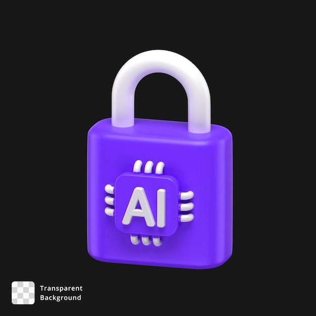 Icono 3D de un candado con un chip de IA conectado a él