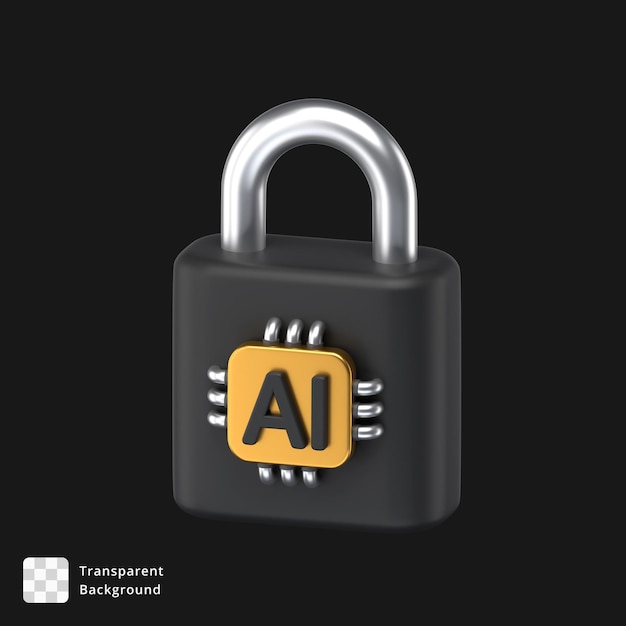 Icono 3D de un candado con un chip de IA conectado a él