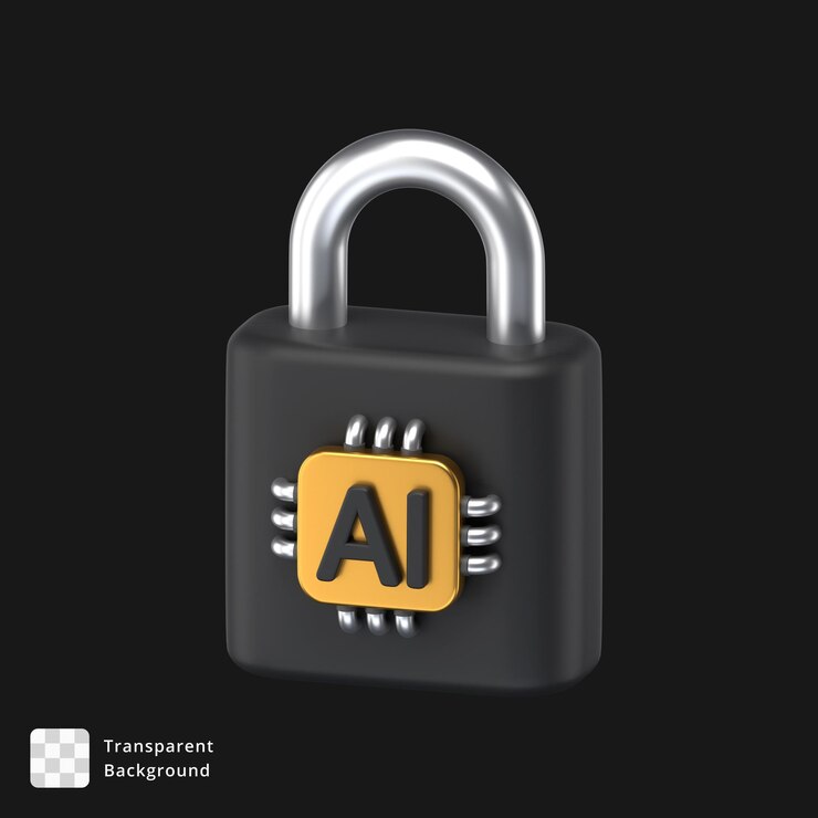 PSD icono 3d de un candado con un chip de ia conectado a él