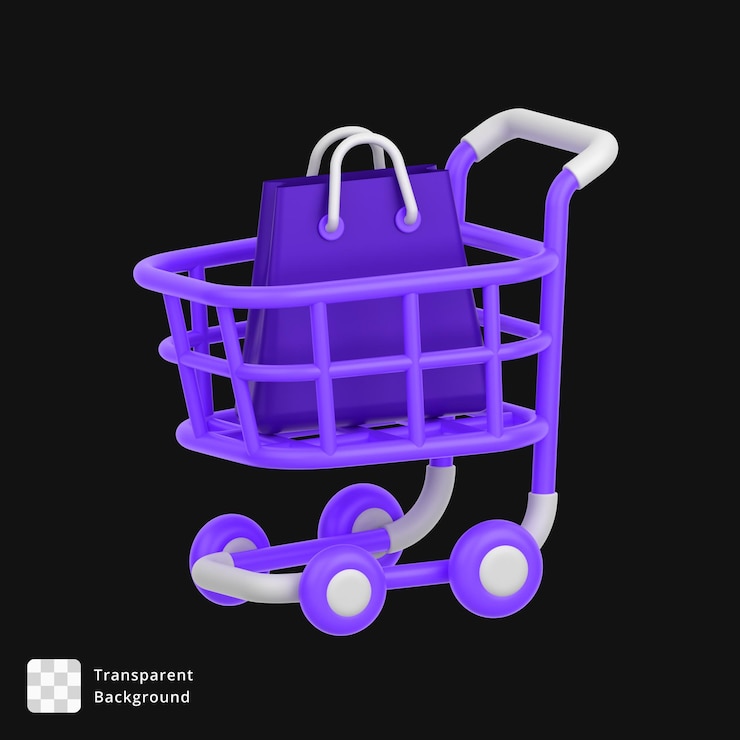 PSD icono 3d de un carrito de tranvía con una bolsa de compras en el interior