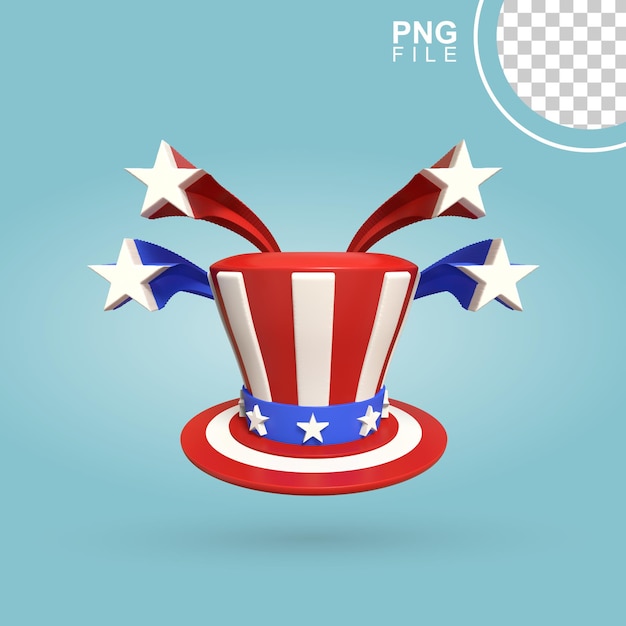 PSD icono 3d de celebración patriótica del 4 de julio con sombrero de color de bandera de ee. uu. y tema estrellado