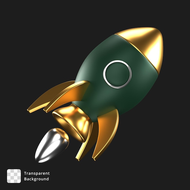 Icono 3d de un cohete verde y dorado
