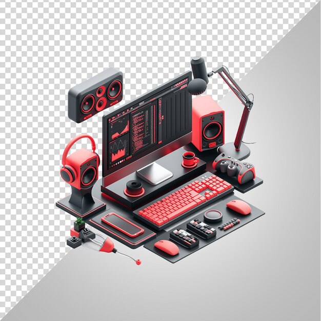 icono 3d computadora de escritorio rojo y negro isométrico png