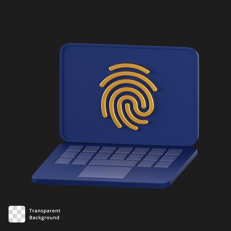 PSD icono 3d de una computadora portátil azul con huella digital en la pantalla