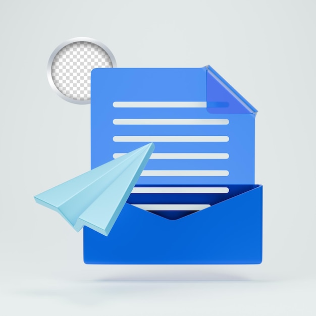 Icono 3D de correo electrónico con un avión de papel azul apuntando hacia la parte superior